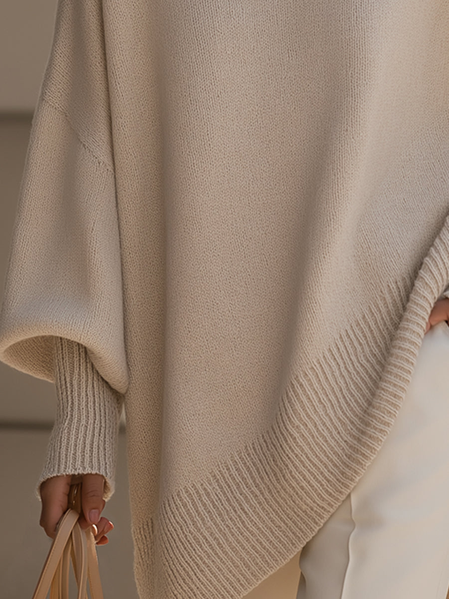 Doreen oversized soft sweater in beige, close-up of ribbed sleeve cuff and hem
