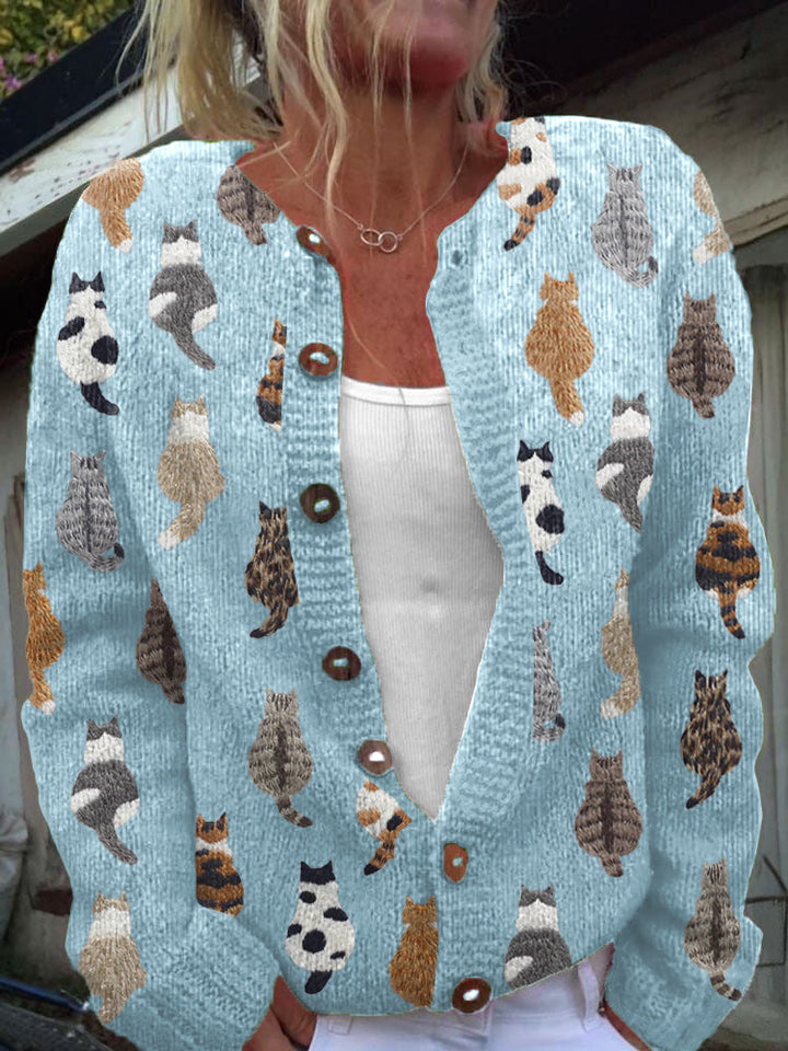 Joyce cat print cardigan in blue knit, close-up