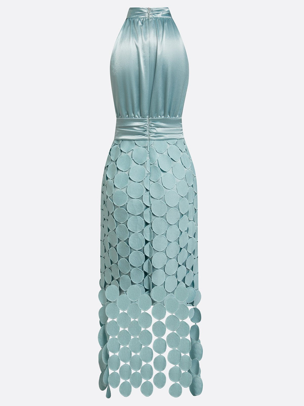 Virginia satin halter midi dress, full length view