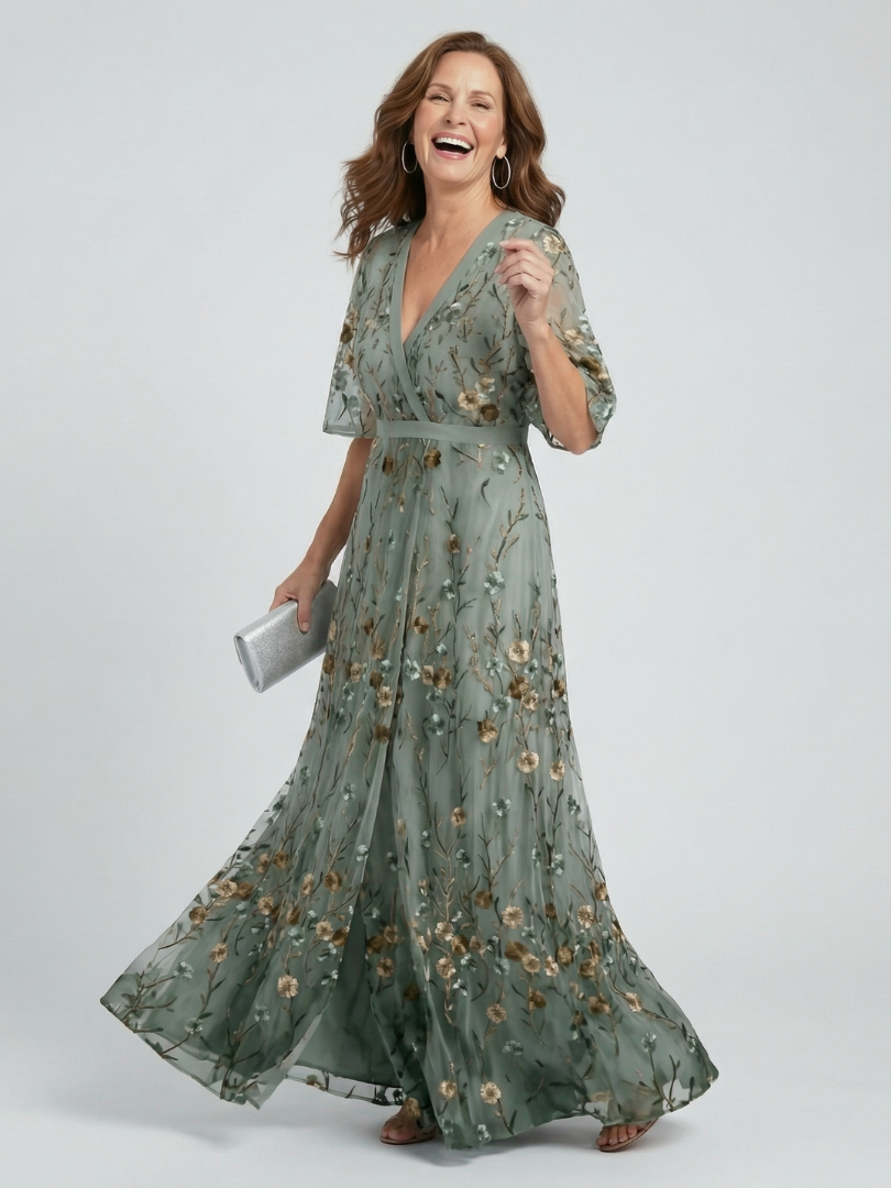 Front view, flowing green chiffon maxi dress