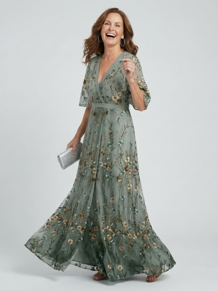 Front view, flowing green chiffon maxi dress