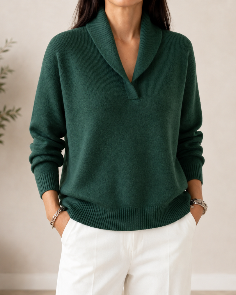 Marlene shawl collar sweater in green, close-up front view