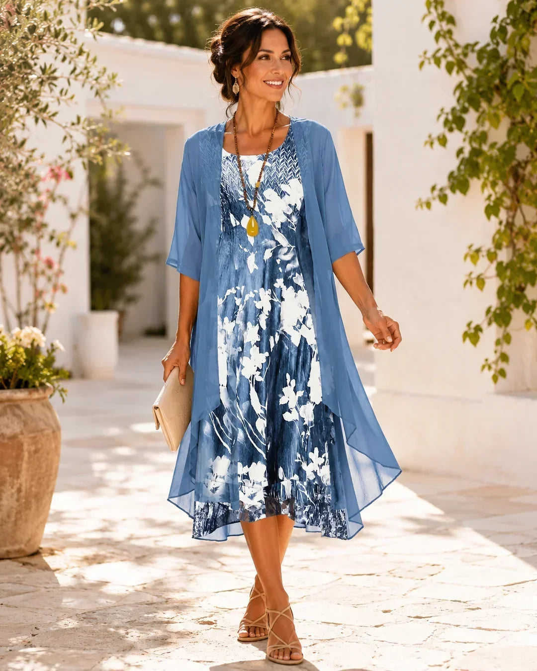 Ruth floral chiffon midi dress in blue
