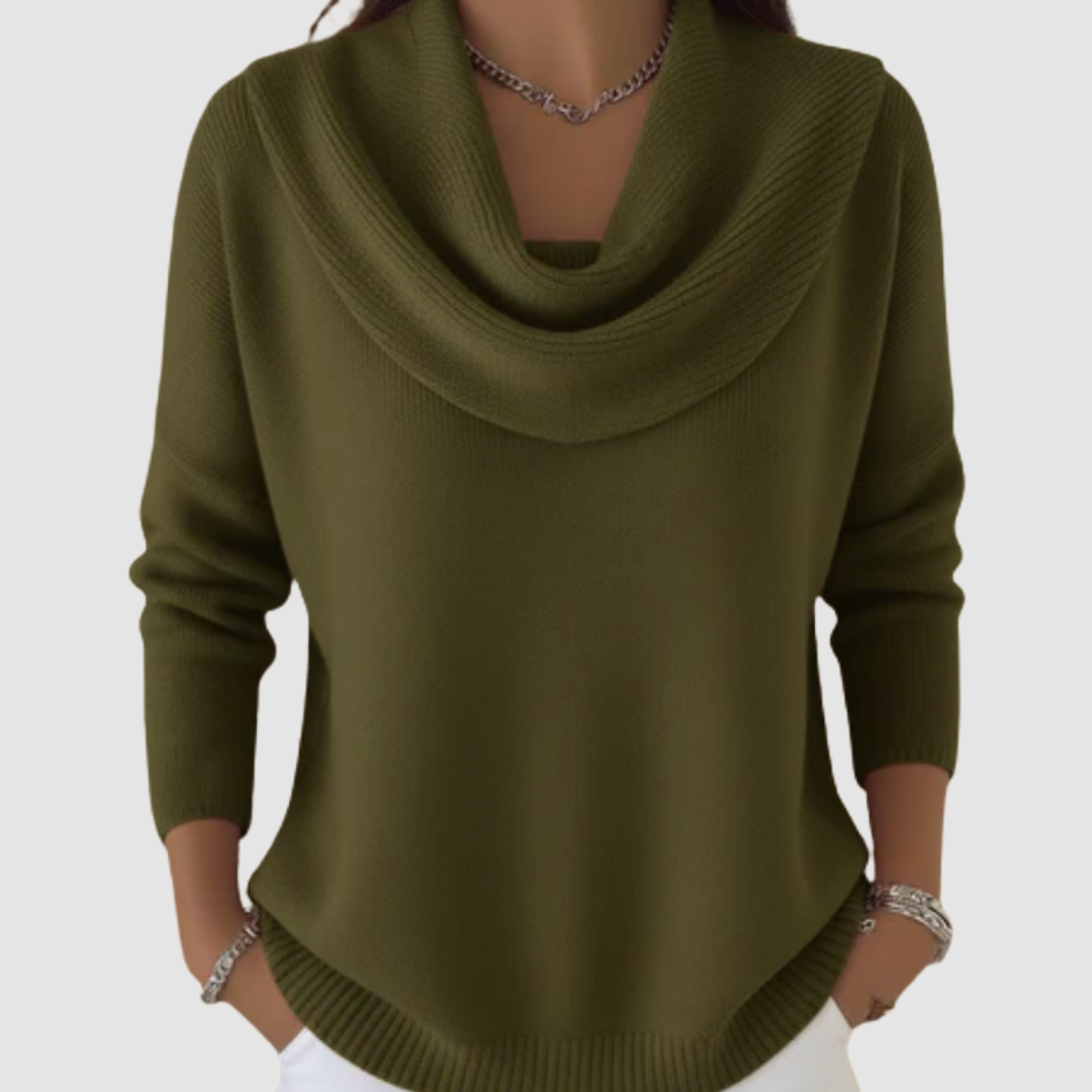 Yolanda soft sweater in green, front view showing waterfall neckline