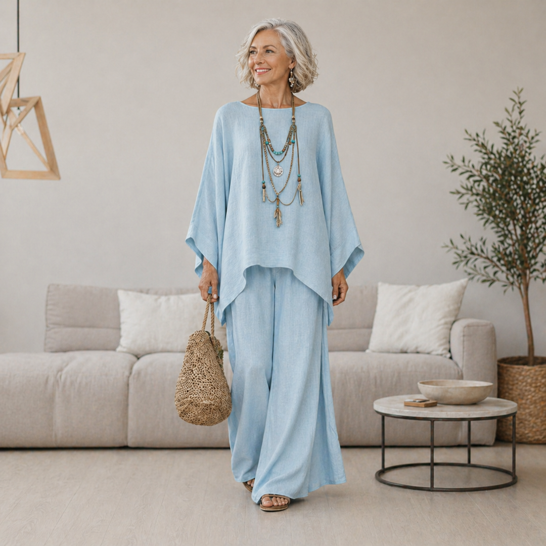Diane two-piece loungewear set with oversized top and wide-leg pants, front view