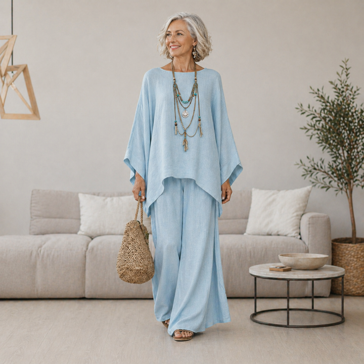 Diane two-piece loungewear set with oversized top and wide-leg pants, front view
