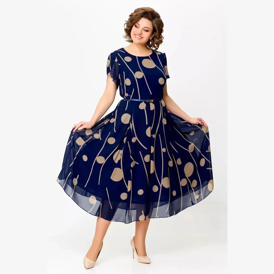 Evelyn navy polka dot midi dress, front view