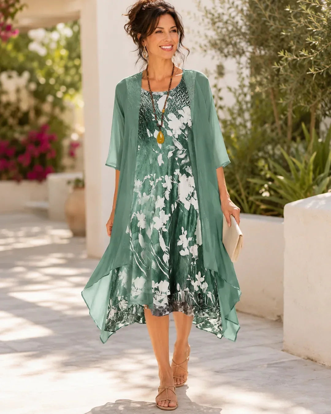 Ruth floral chiffon midi dress in green