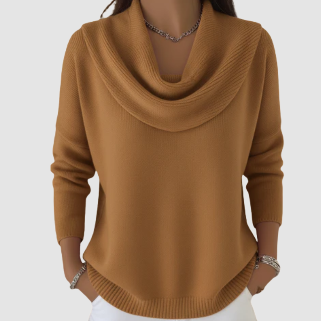 Yolanda soft sweater in brown, front view showing waterfall neckline