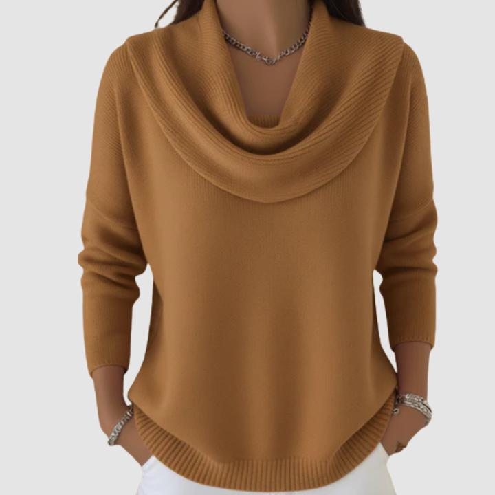 Yolanda soft sweater in brown, front view showing waterfall neckline