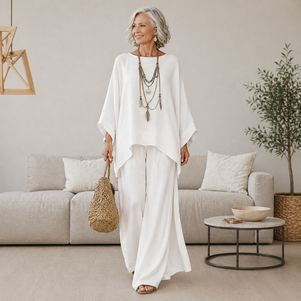 Diane two-piece loungewear set with oversized top and wide-leg pants, on model