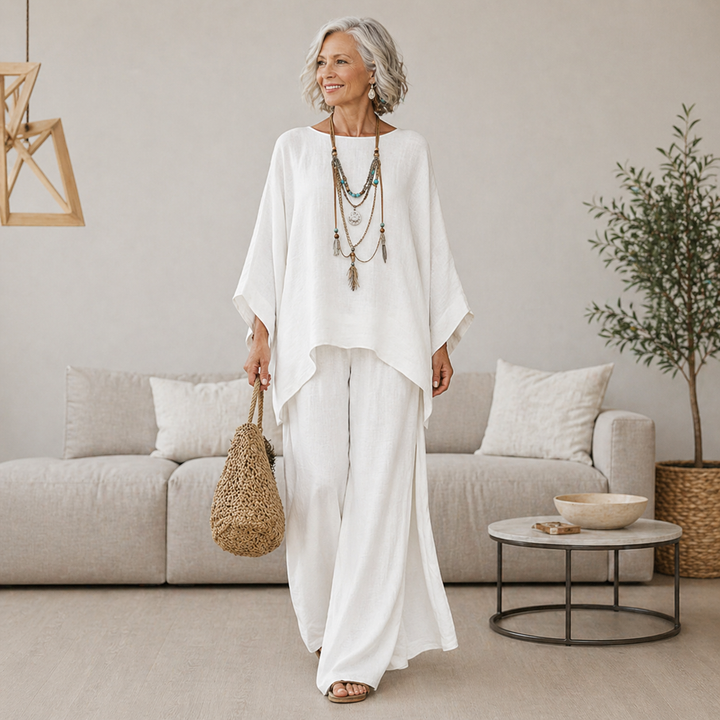 Diane two-piece loungewear set with oversized top and wide-leg pants, on model