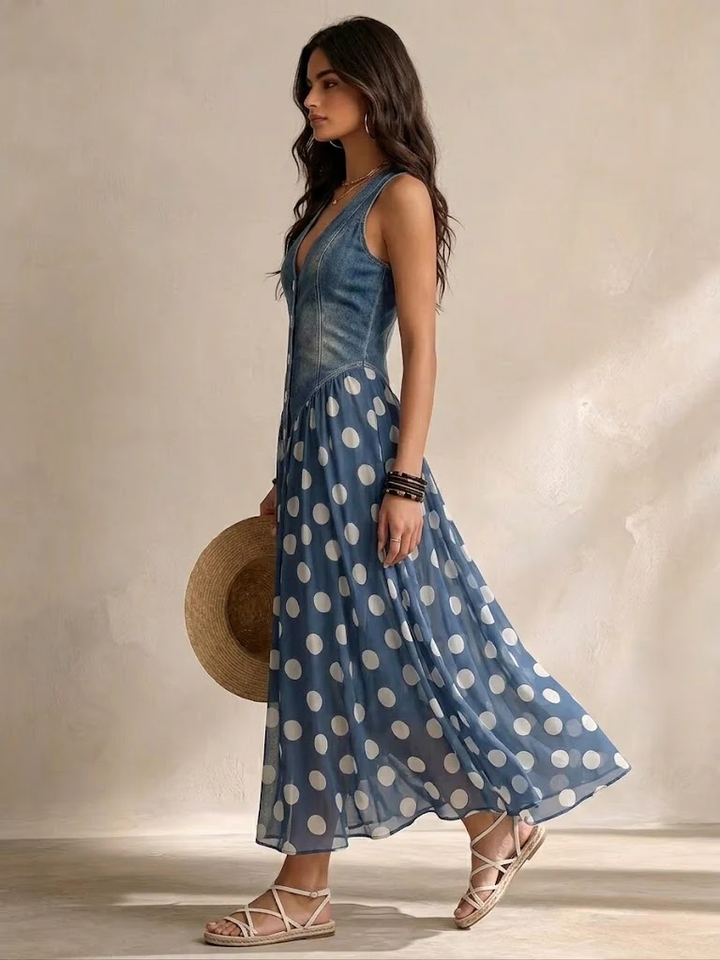 Arlene chiffon polka dot midi dress in blue - detail view
