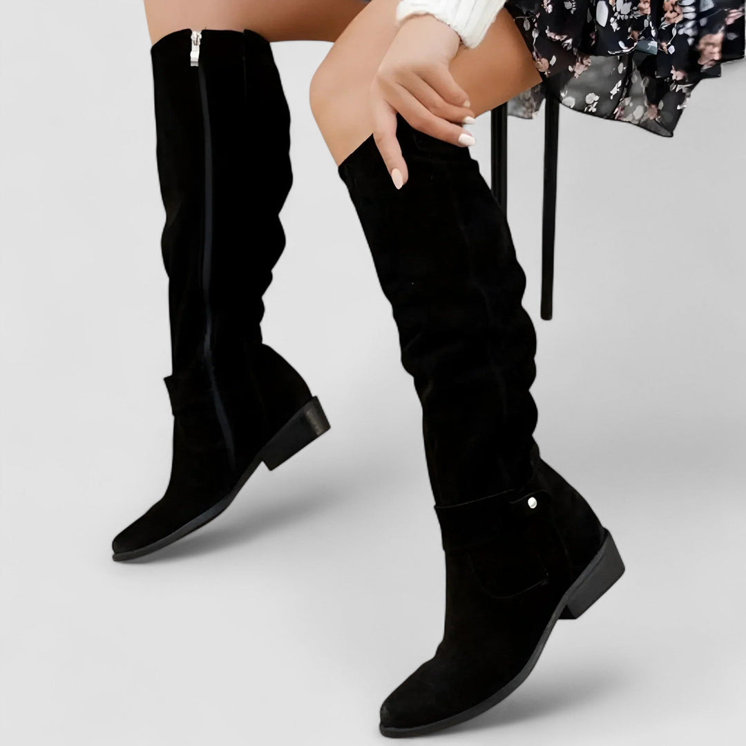 Close-up of the soft suede texture on the Charlotte high boots