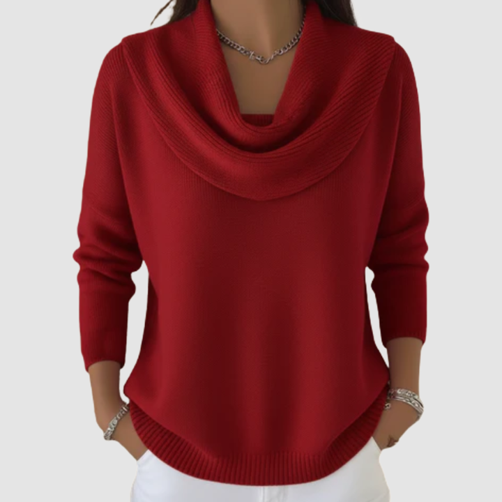 Yolanda soft sweater in red, front view showing waterfall neckline