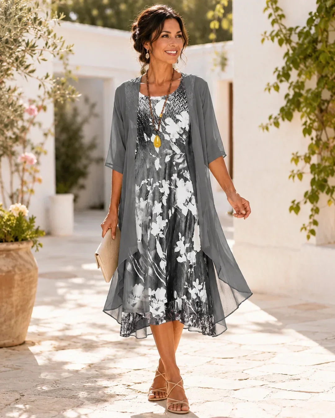 Ruth floral chiffon midi dress in gray