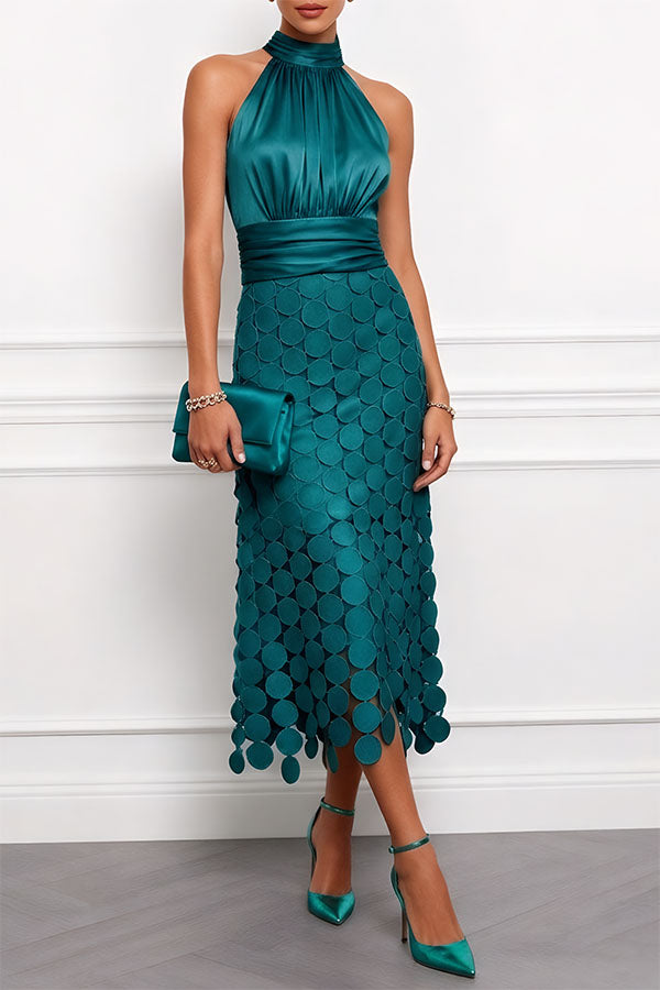 Virginia satin halter midi dress, close-up neckline detail