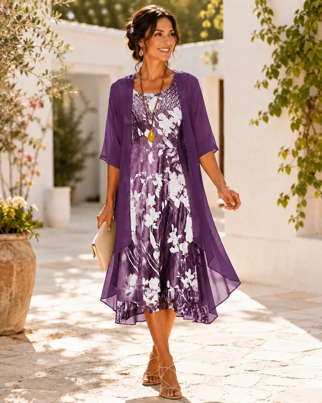 Ruth floral chiffon midi dress in purple