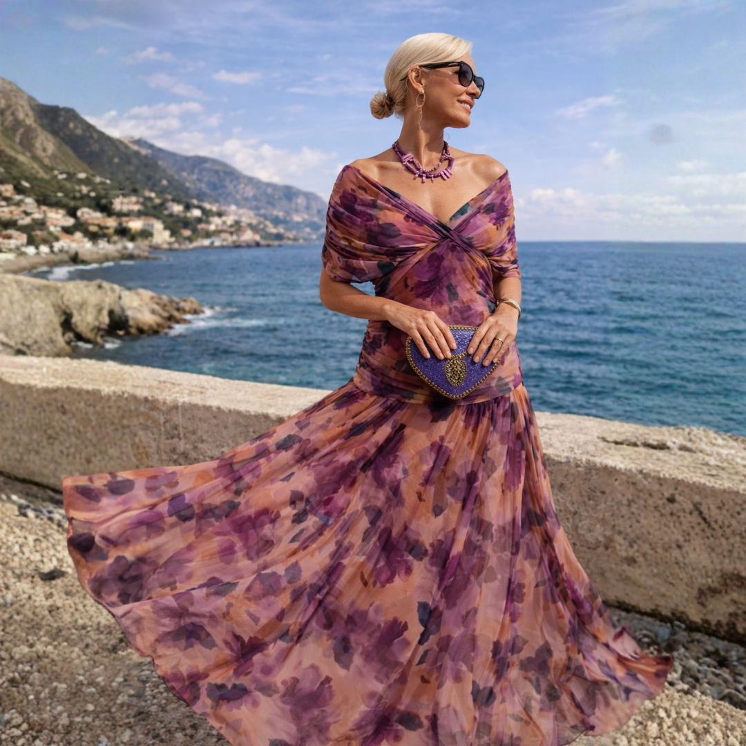 Norma off-shoulder chiffon dress in purple floral print, front view