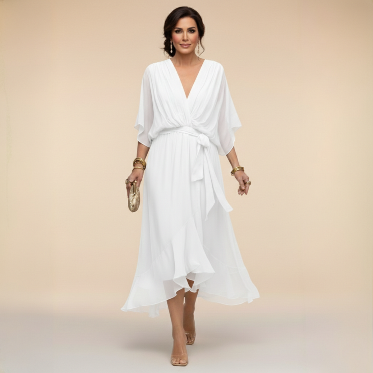 Macey - Lightweight Wrap Midi Dress in Grey