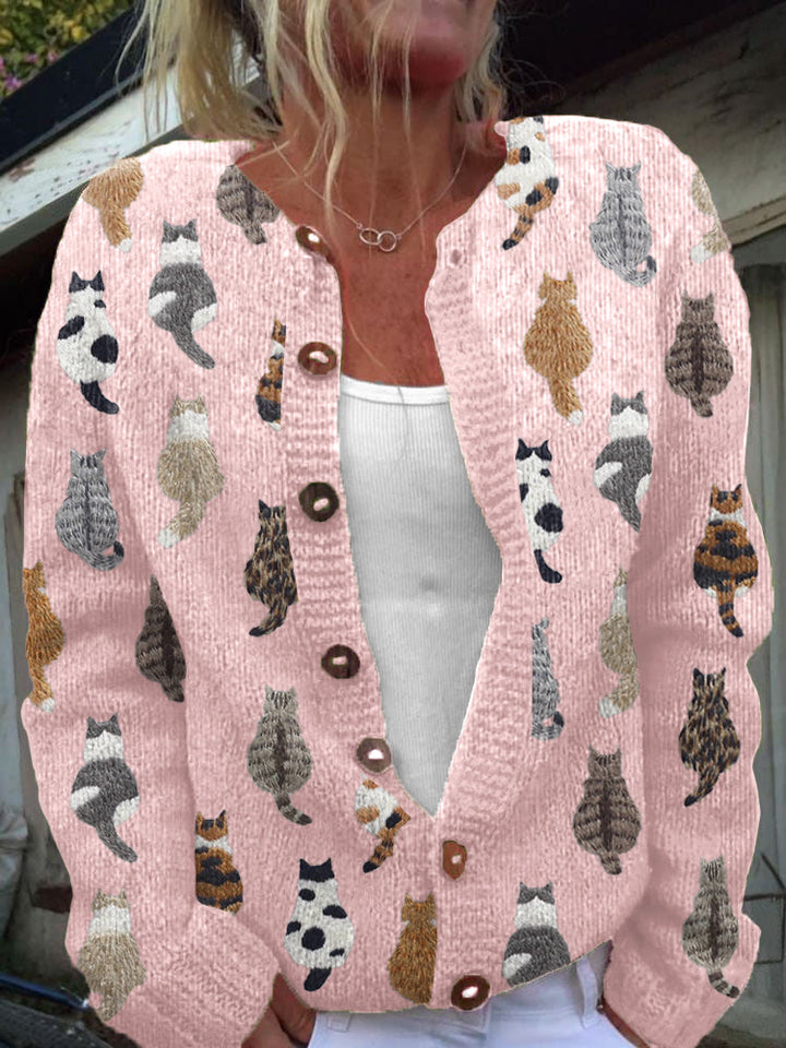 Joyce cat print cardigan in pink knit, close-up