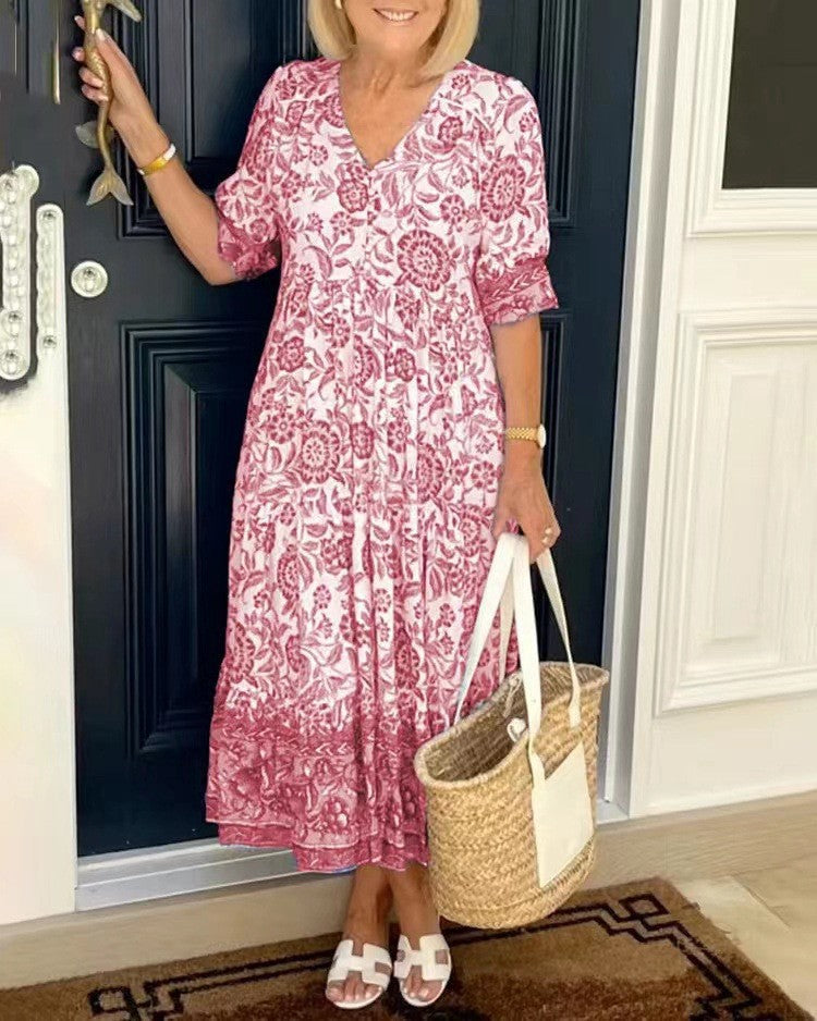 Louanne - Graceful V-Neck Floral Dress