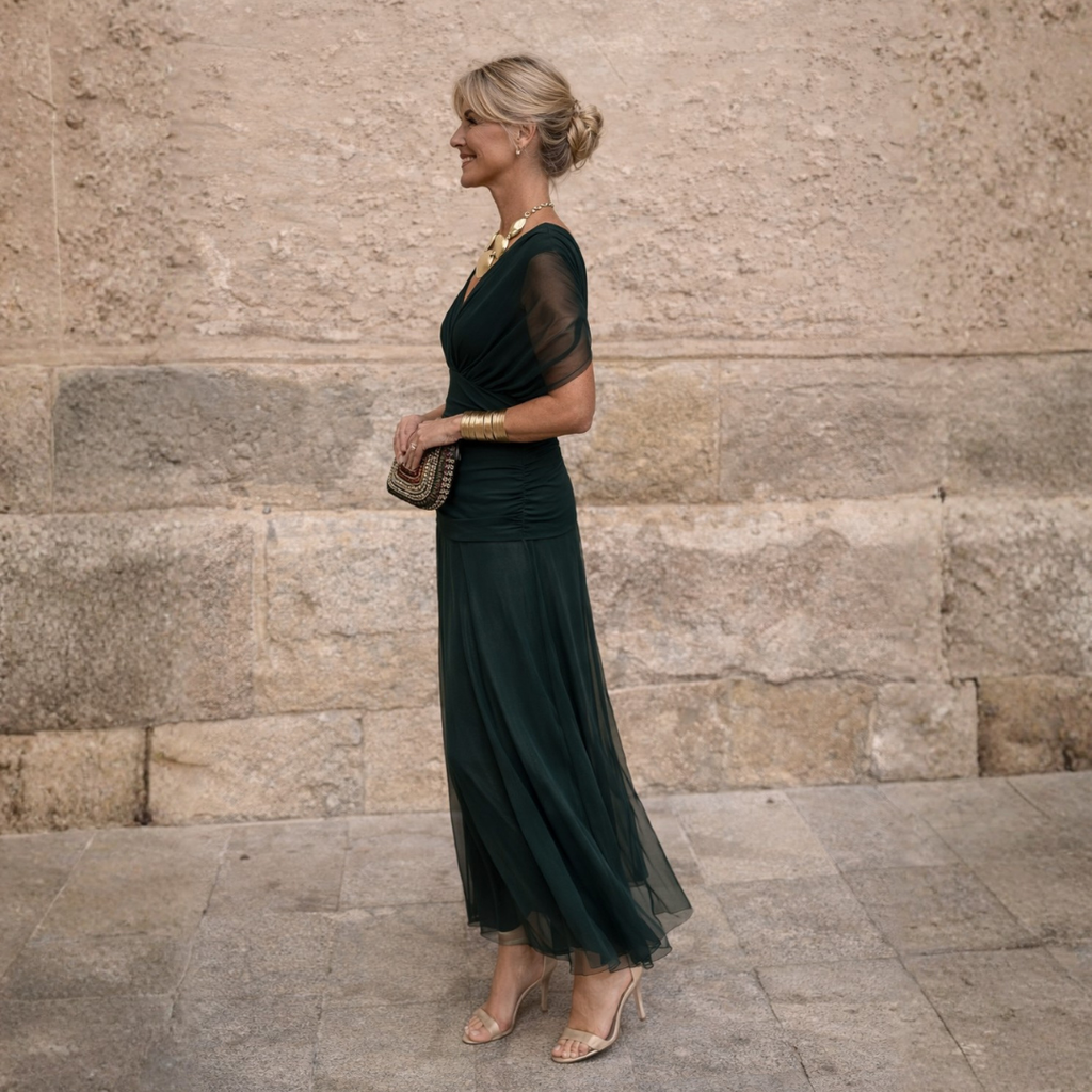 Norma off-shoulder chiffon dress in dark green, front view