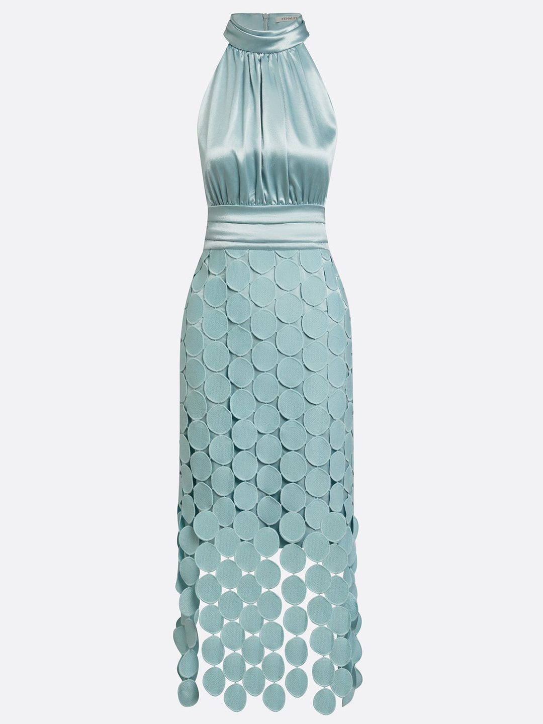 Virginia satin halter midi dress, waist detail