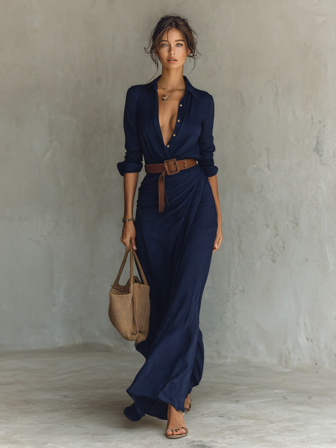 Rita long-sleeve wrap maxi dress, collar close-up