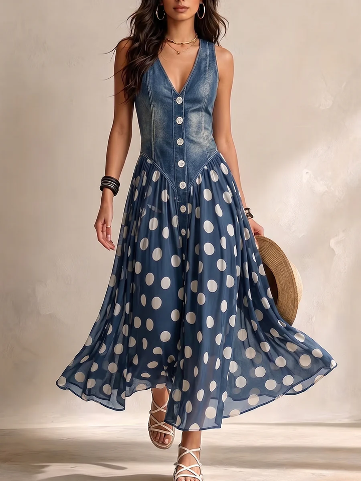 Arlene chiffon polka dot midi dress in blue - front view