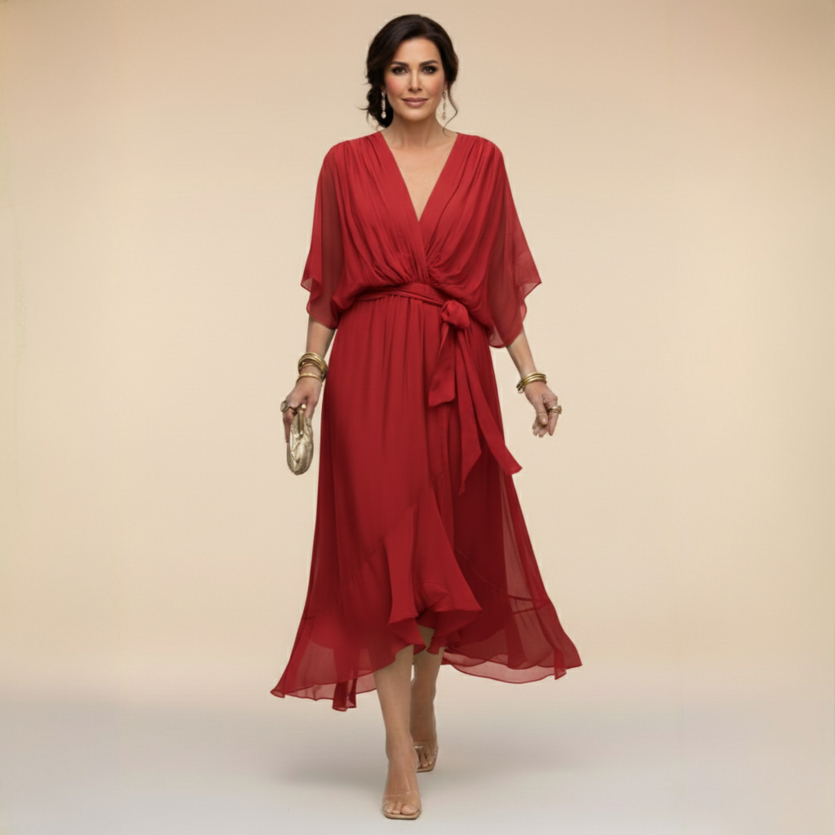Macey - Lightweight Wrap Midi Dress in Red