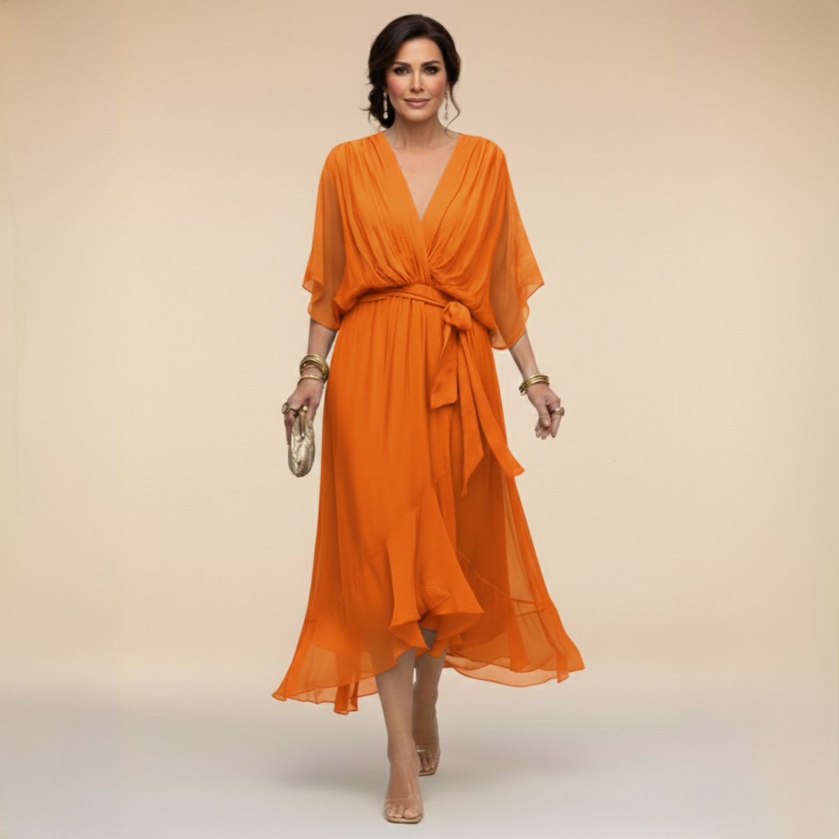 Macey - Lightweight Wrap Midi Dress in Orange