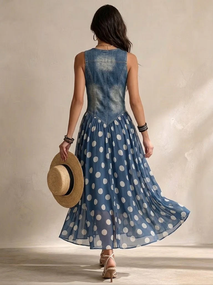 Arlene chiffon polka dot midi dress in blue - styled view