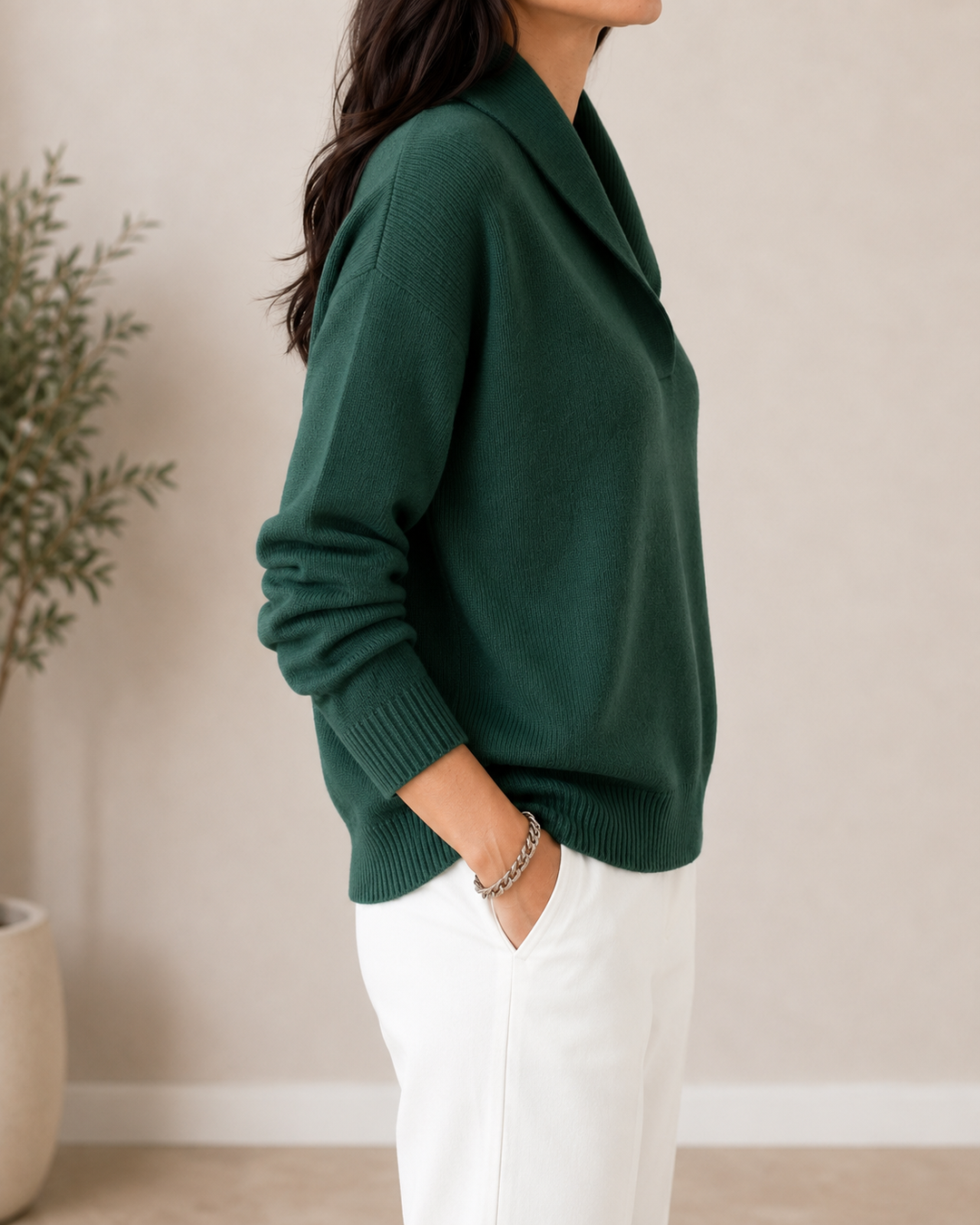 Marlene shawl collar sweater in green, side view