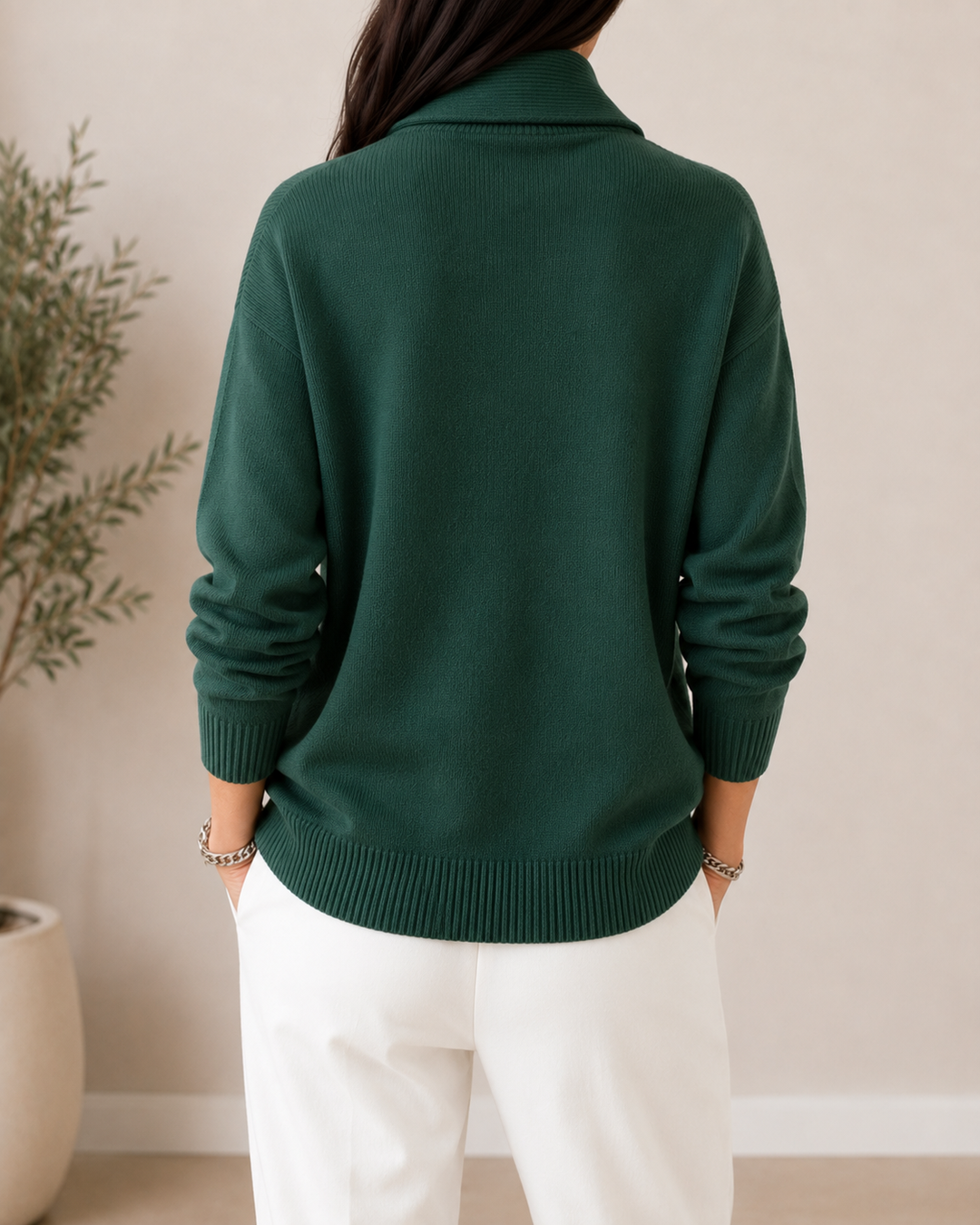Marlene shawl collar sweater in green, back view