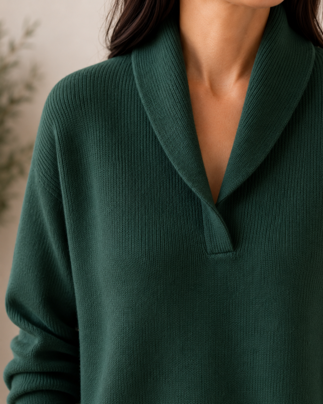 Marlene shawl collar sweater in green, collar close-up