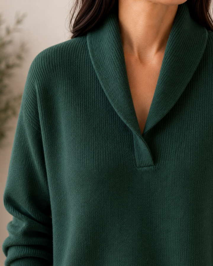 Marlene shawl collar sweater in green, collar close-up