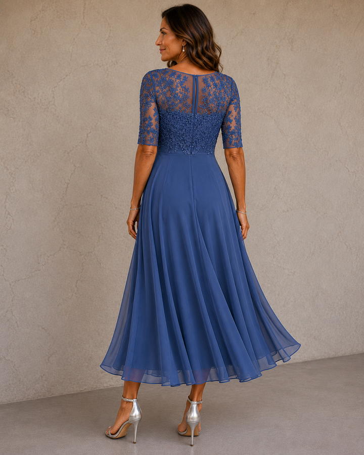 Wilma lace bodice chiffon dress, close-up detail view