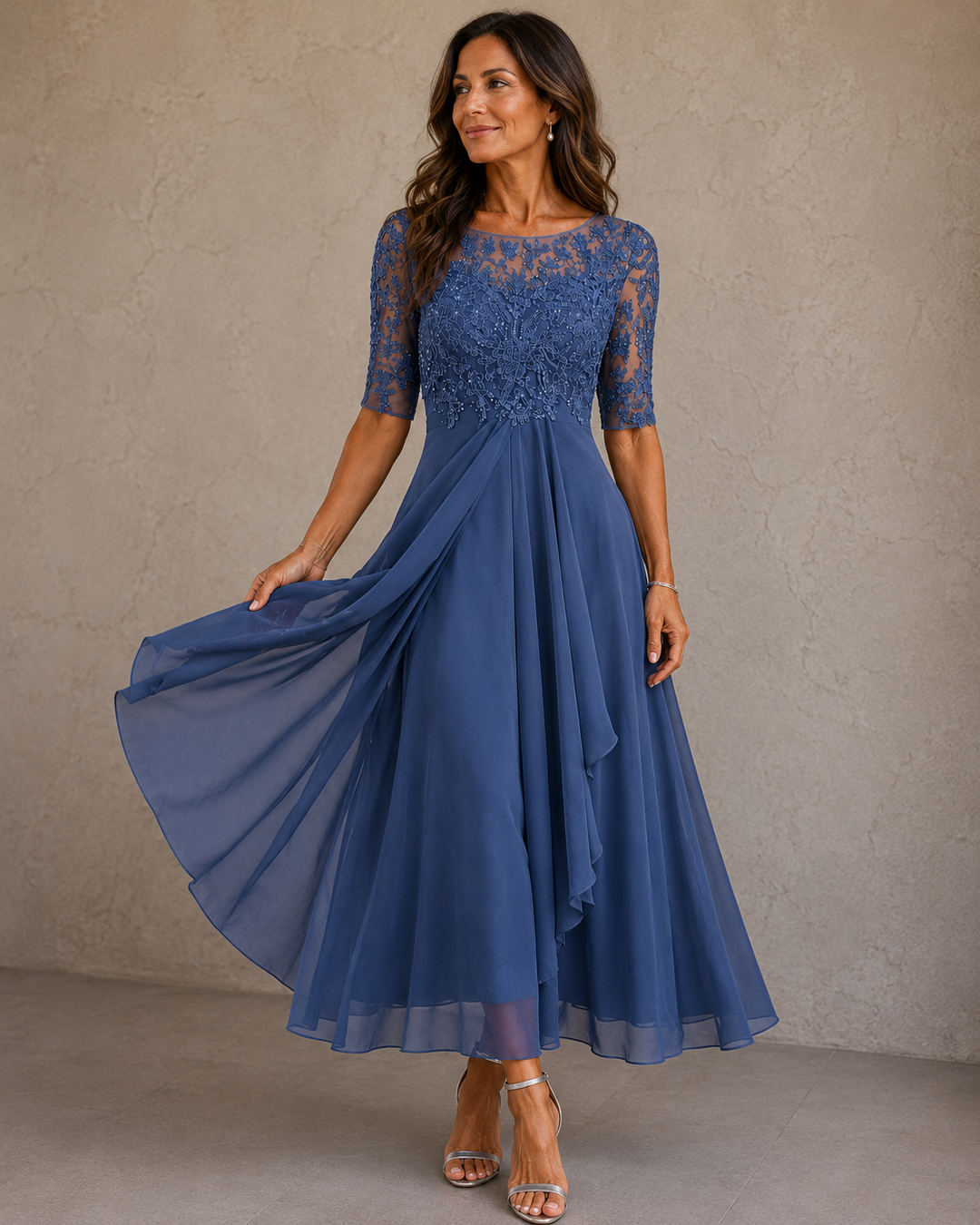 Wilma lace bodice chiffon dress, front view