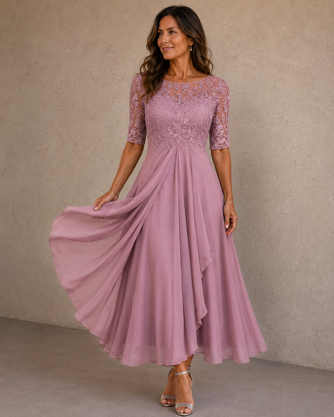 Wilma lace bodice chiffon dress, styled detail view