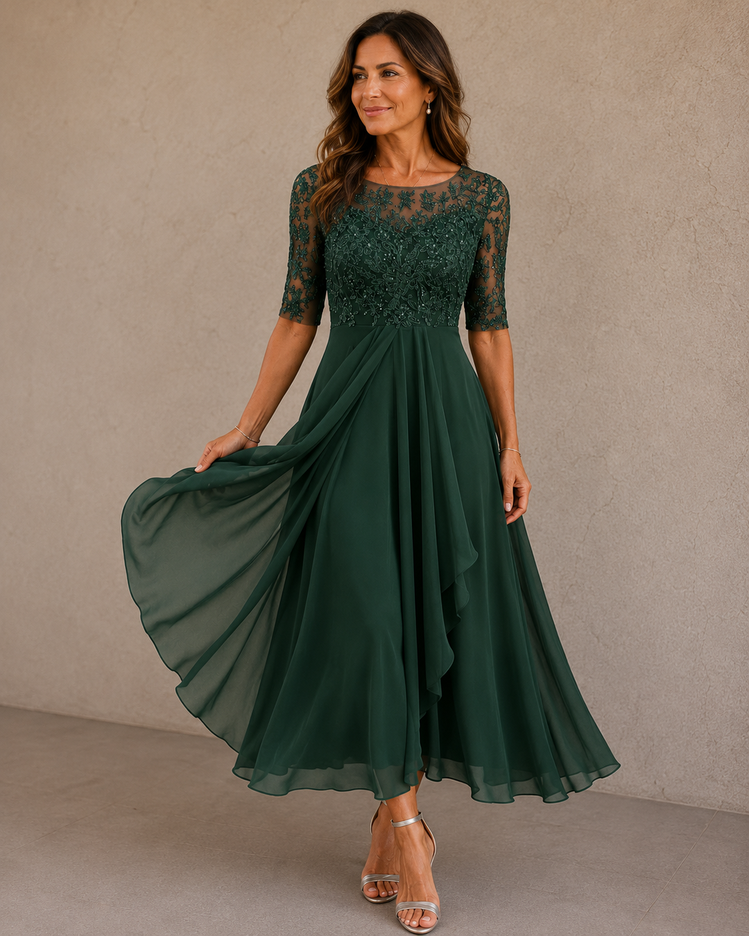 Wilma lace bodice chiffon dress, back view