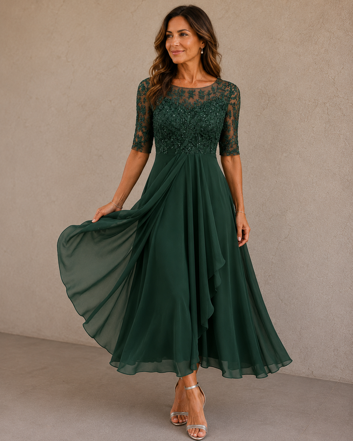 Wilma lace bodice chiffon dress, back view