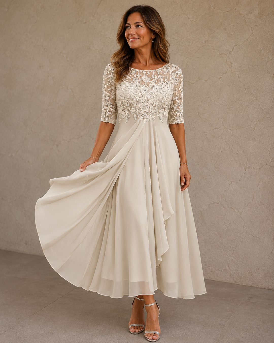 Wilma lace bodice chiffon dress, side view