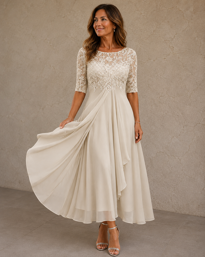 Wilma lace bodice chiffon dress, side view