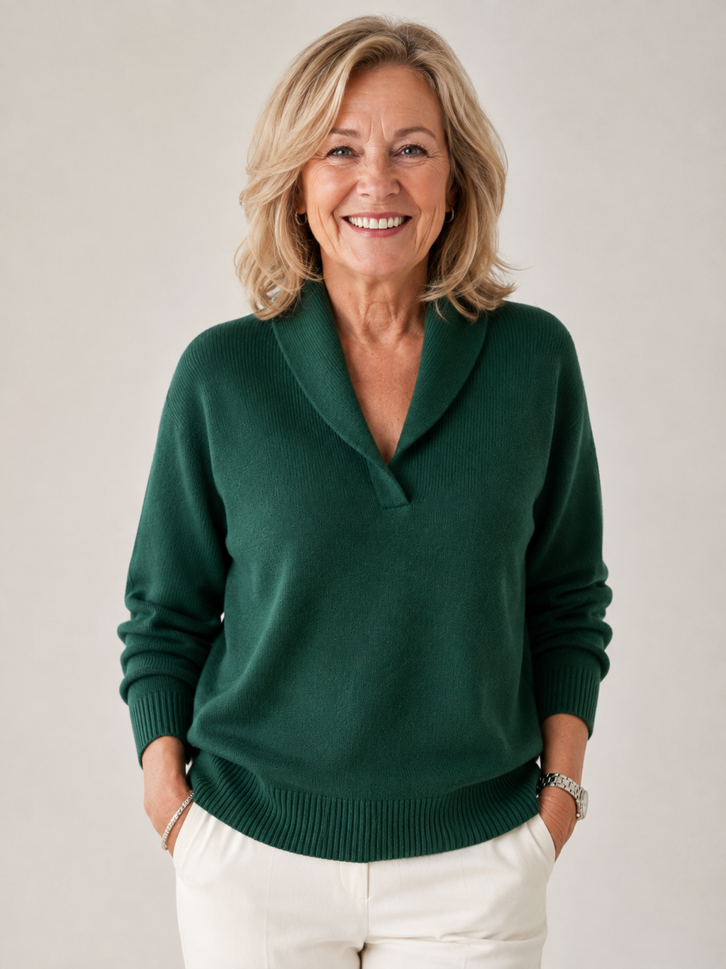Marlene shawl collar sweater in green, front view
