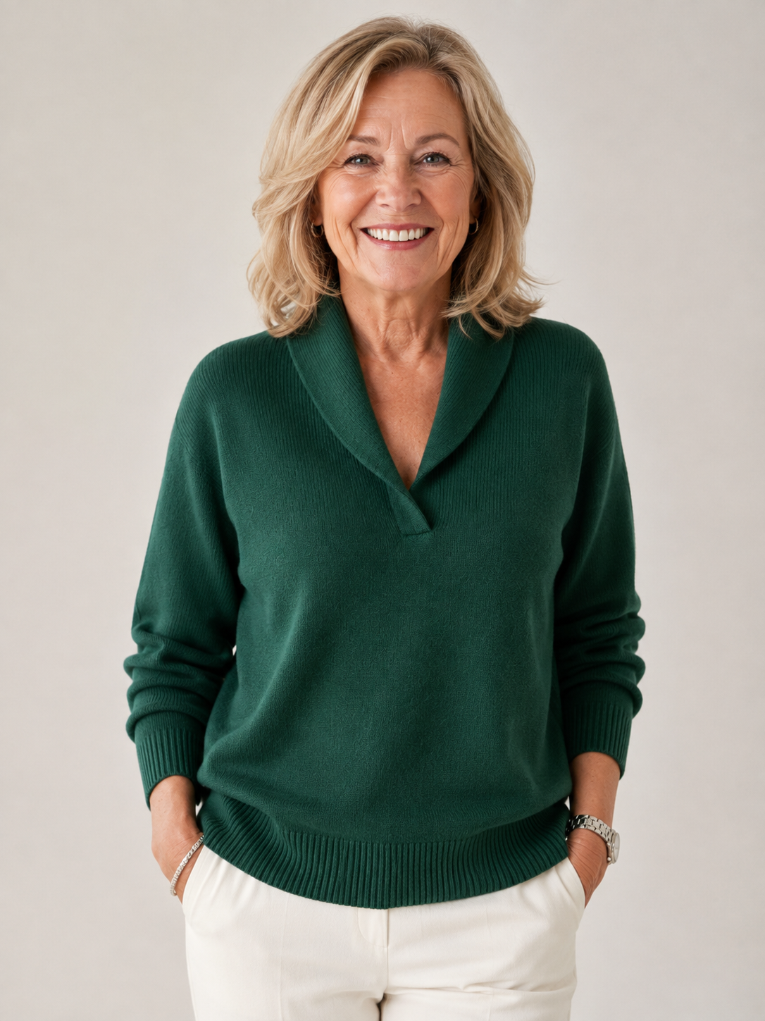 Marlene shawl collar sweater in green, front view
