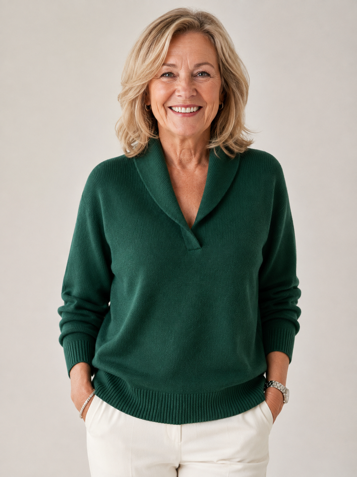 Marlene shawl collar sweater in green, front view