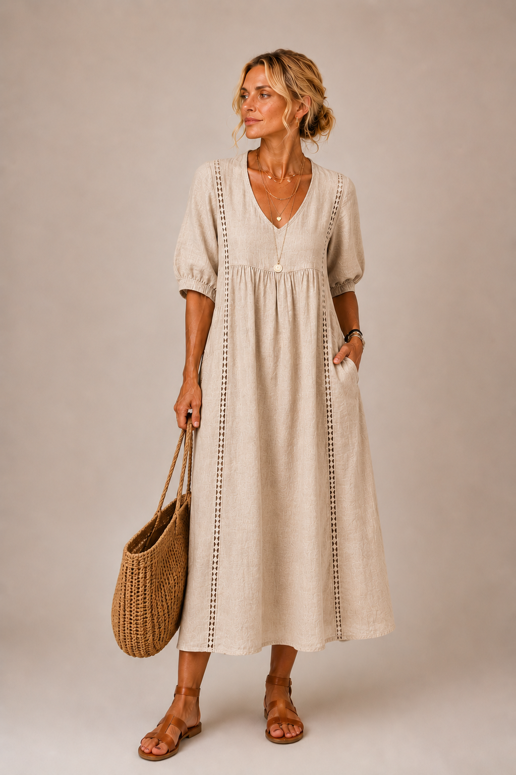 Christine lace trim v-neck midi dress, full length view