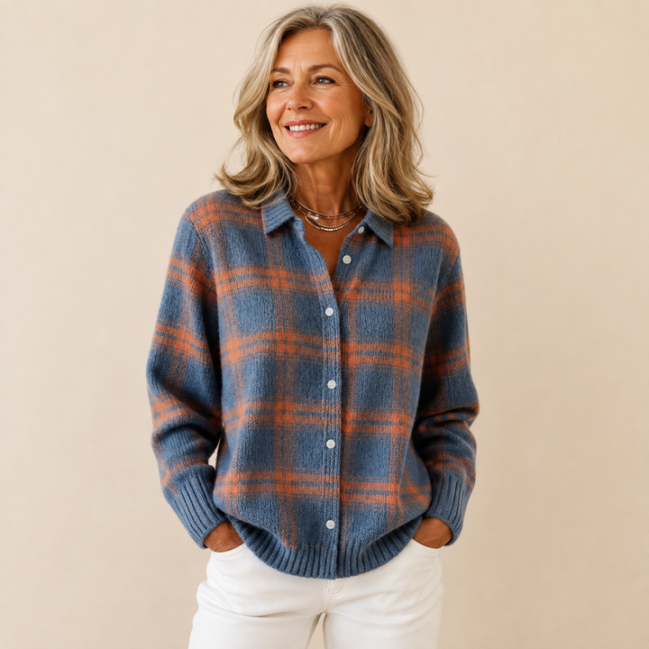 Tatiana knit sweater in Blue Orange two-tone colorway, model shot