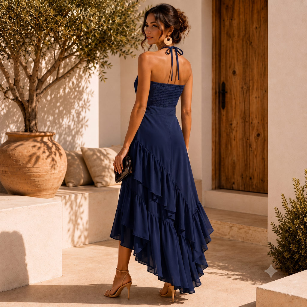 Thelma halter asymmetric hem dress in navy blue - back view
